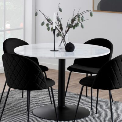 Round White Marble Dining Table with Black Base
