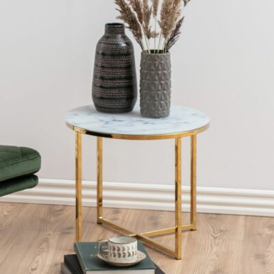 Round White Marble Lamp Table with Gold Legs