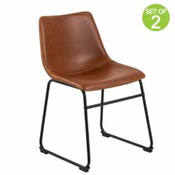 Tan Brown Leather Dining Chairs in Bucket Style - Pair