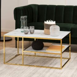 White Marble Coffee Table with Gold Legs & Shelf