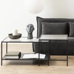 Modern Black Glass Coffee Table Set with Black Ash Wood Effect