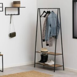 Modern Black Open Wardrobe Clothes Rack with Wooden Shelves