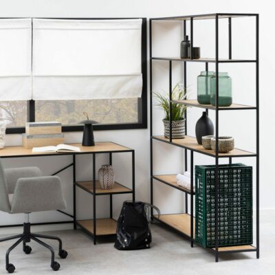 Modern Extra Large Black Shelving Unit Bookcase with Wooden Shelves