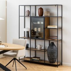 Modern Extra Large Black Shelving Unit with Wooden Shelves